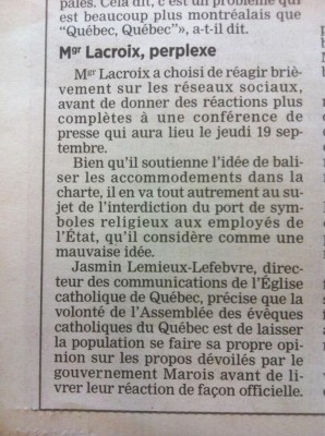 Déclaration de Mgr Lacroix sur la chartes des valeurs québécoises