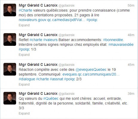 Tweets de Mgr Lacroix sur la charte des valeurs québécoises